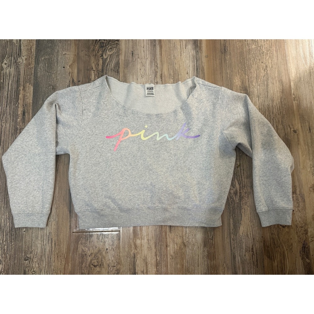 Pink Victoria's Secret Gray Rainbow Script Logo Cropped Sweatshirt XL